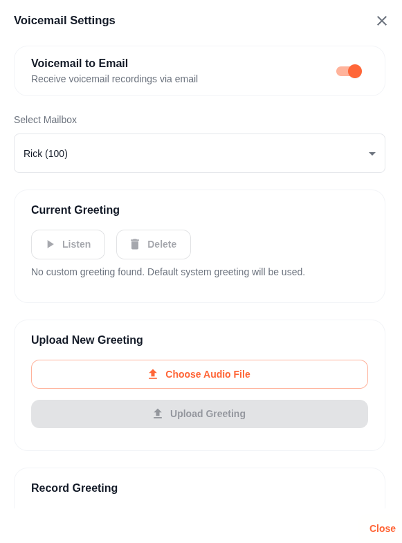 Voicemail Settings dialog with greeting management and voicemail-to-email toggle