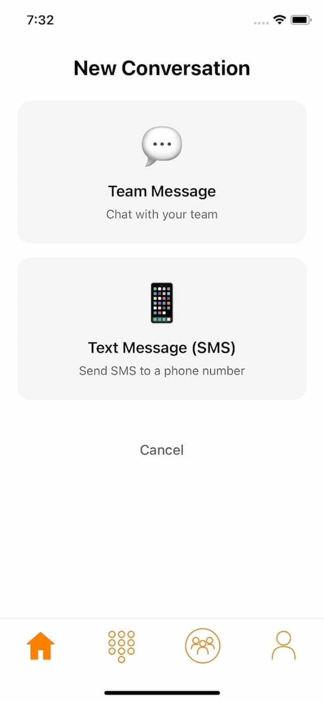 New Conversation screen with Team Message and Text Message SMS options