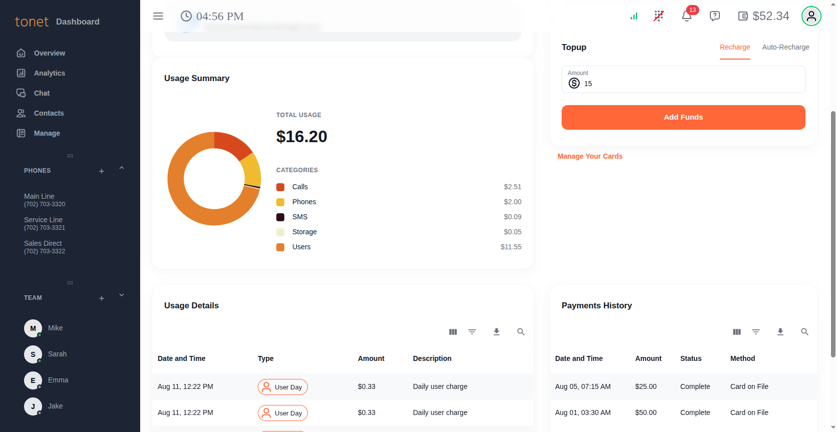 Billing page showing Account Information, Usage Summary chart, Topup card, and Payment History