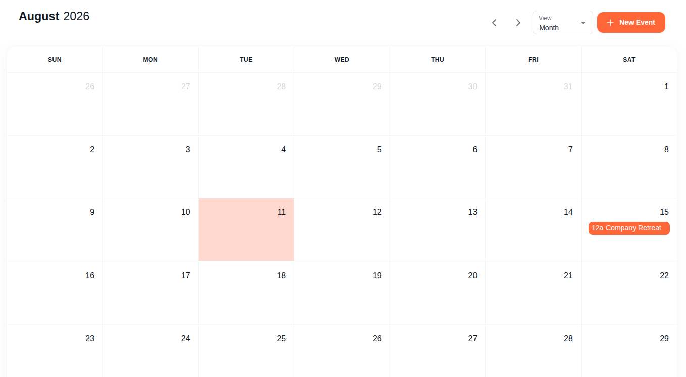 Calendar month view showing Company Retreat event on August 15