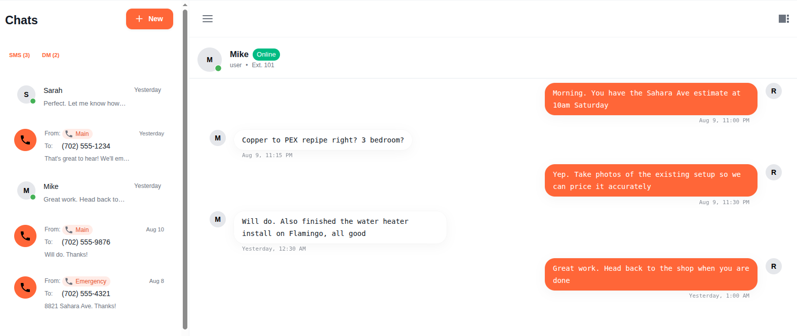 Chat page showing DM conversation with Mike, sidebar with SMS and DM threads