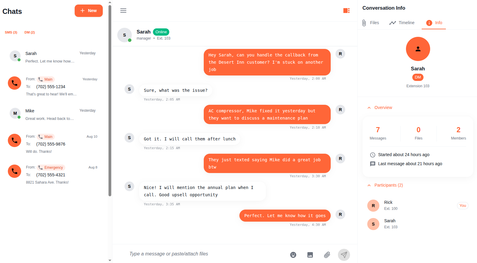 Chat with Conversation Info sidebar open showing participants, message count, and conversation timeline