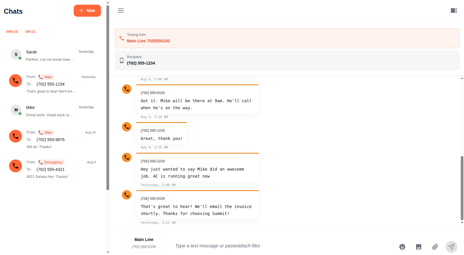 SMS conversation showing messages with a customer, outbound phone selector at bottom