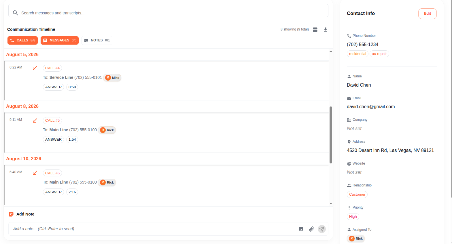 Contact detail page showing communication timeline with calls and notes, Contact Info sidebar with name, email, address, relationship, and priority