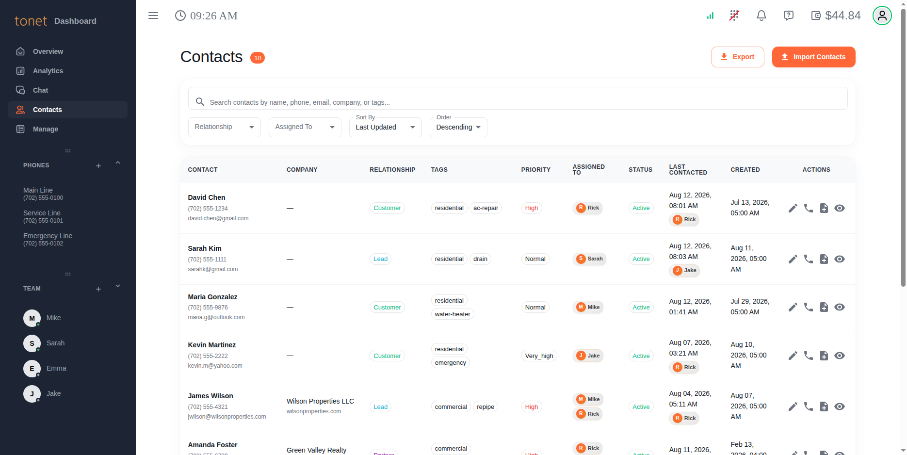 Contacts list showing customers, leads, vendors with tags, priorities, assigned users, and last contacted dates