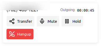 Active call window showing Transfer, Mute, Hold, and Hangup controls with a call timer