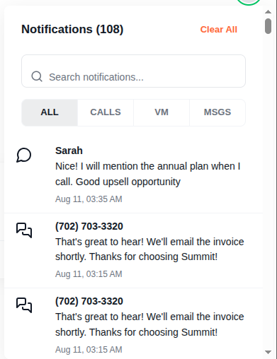 Notification panel showing missed calls, voicemails, and messages with filter tabs