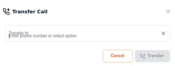 Transfer Call dialog with a search field to find a team member, group, or enter a phone number