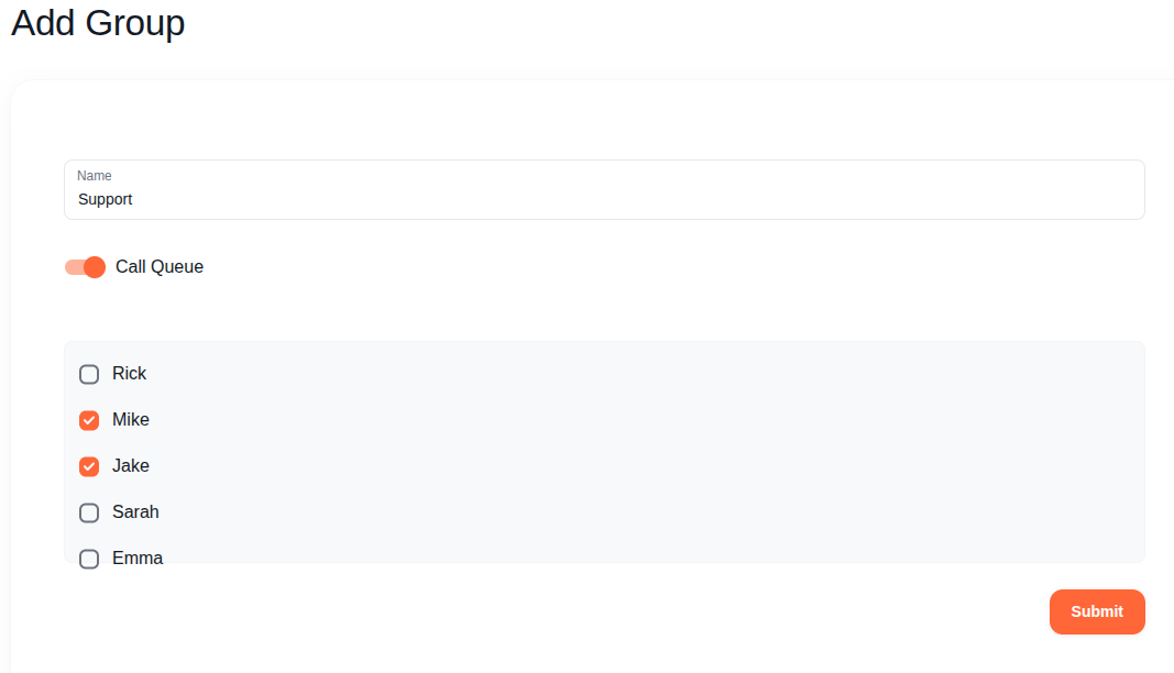 Add Group form with name, call queue toggle, and user checkboxes