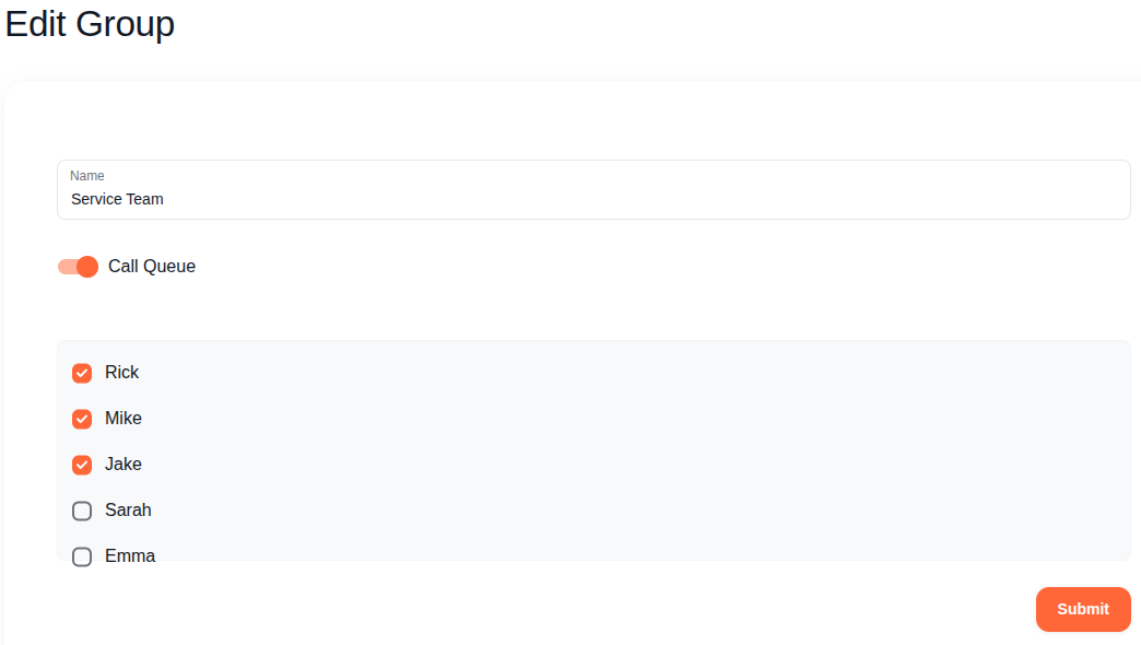 Edit Group form showing Service Team with three members selected