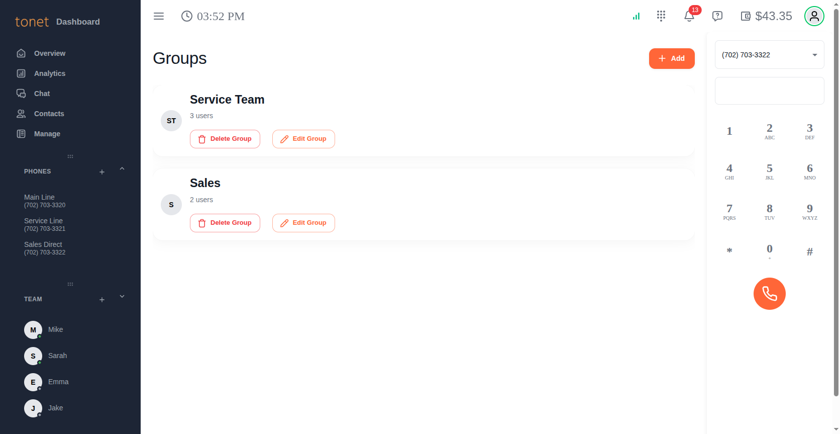 Groups list showing Service Team and Sales groups with member counts and action buttons
