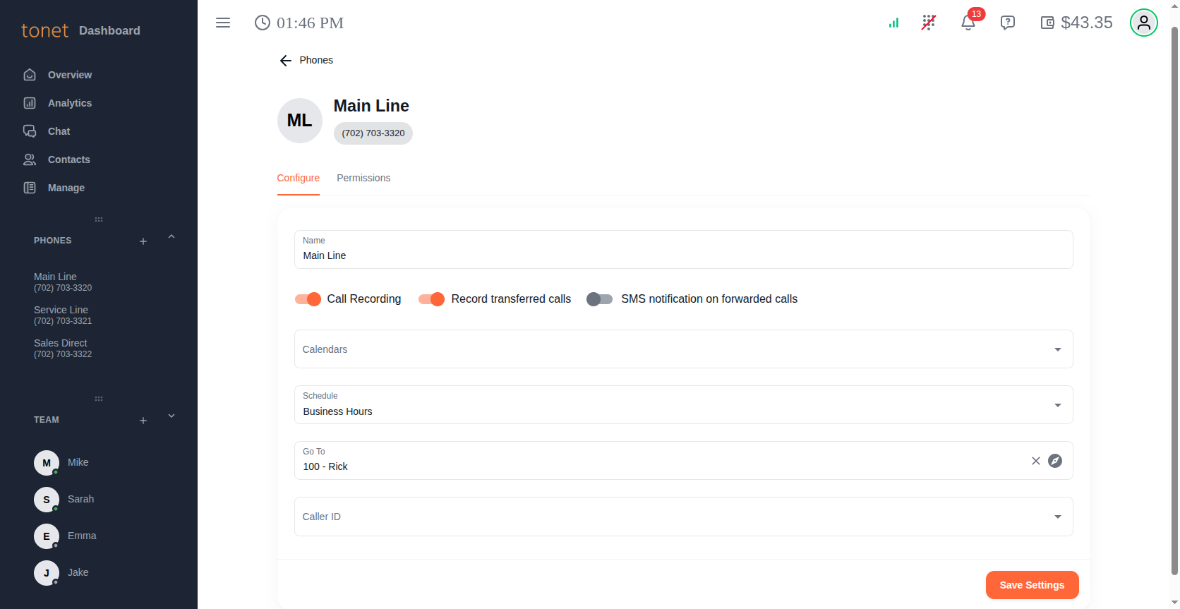 Phone configuration with name, recording, schedule, and routing