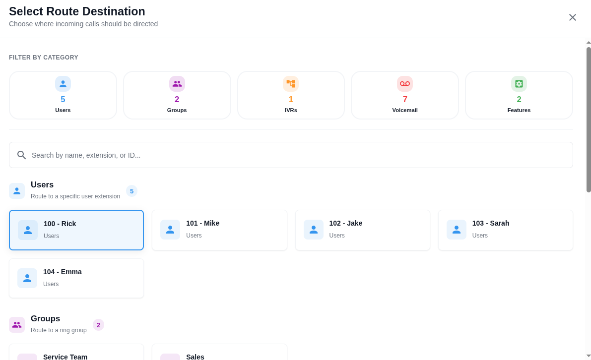 Route destination picker showing users, groups, IVRs, voicemail, and features
