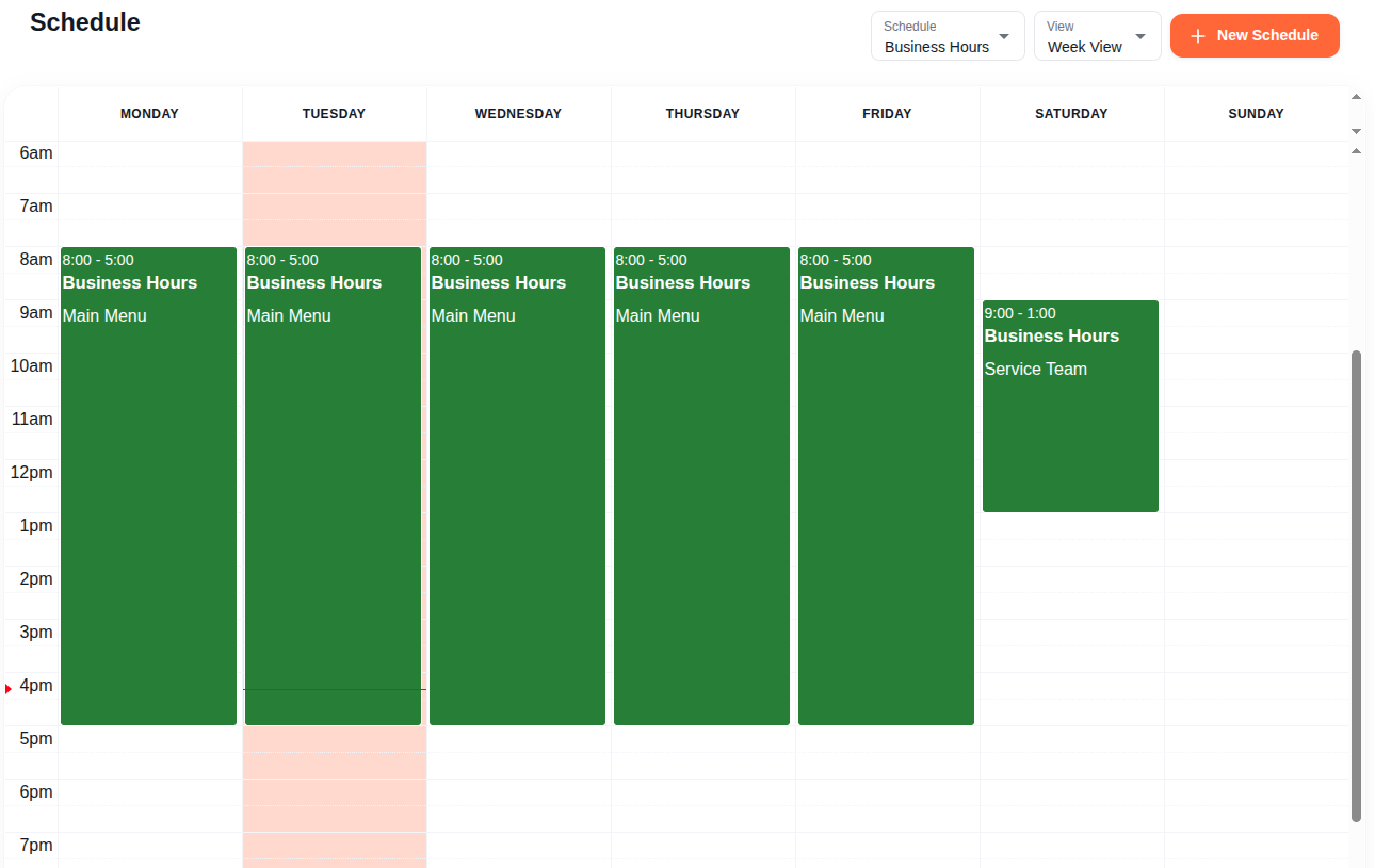 Week View showing Business Hours schedule with routes mapped across Monday-Saturday