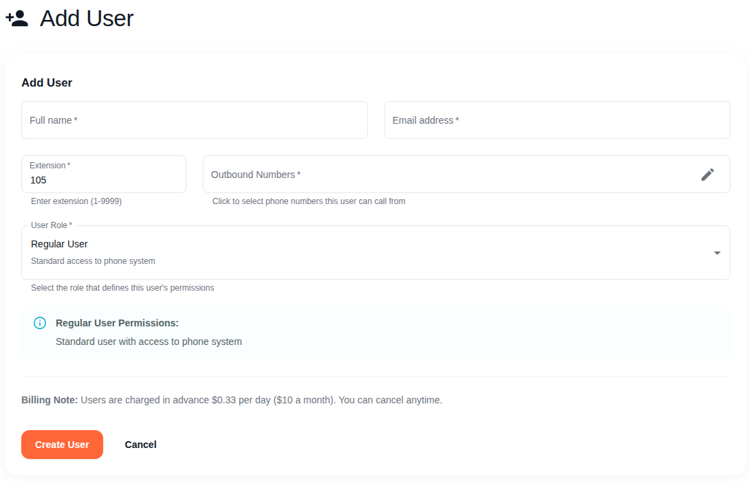 Add User form with name, email, extension, outbound numbers, and role
