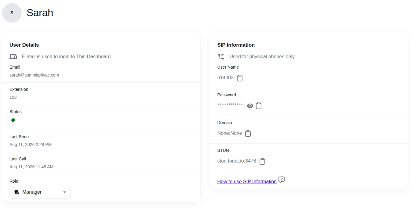 User detail page showing basic info and SIP credentials