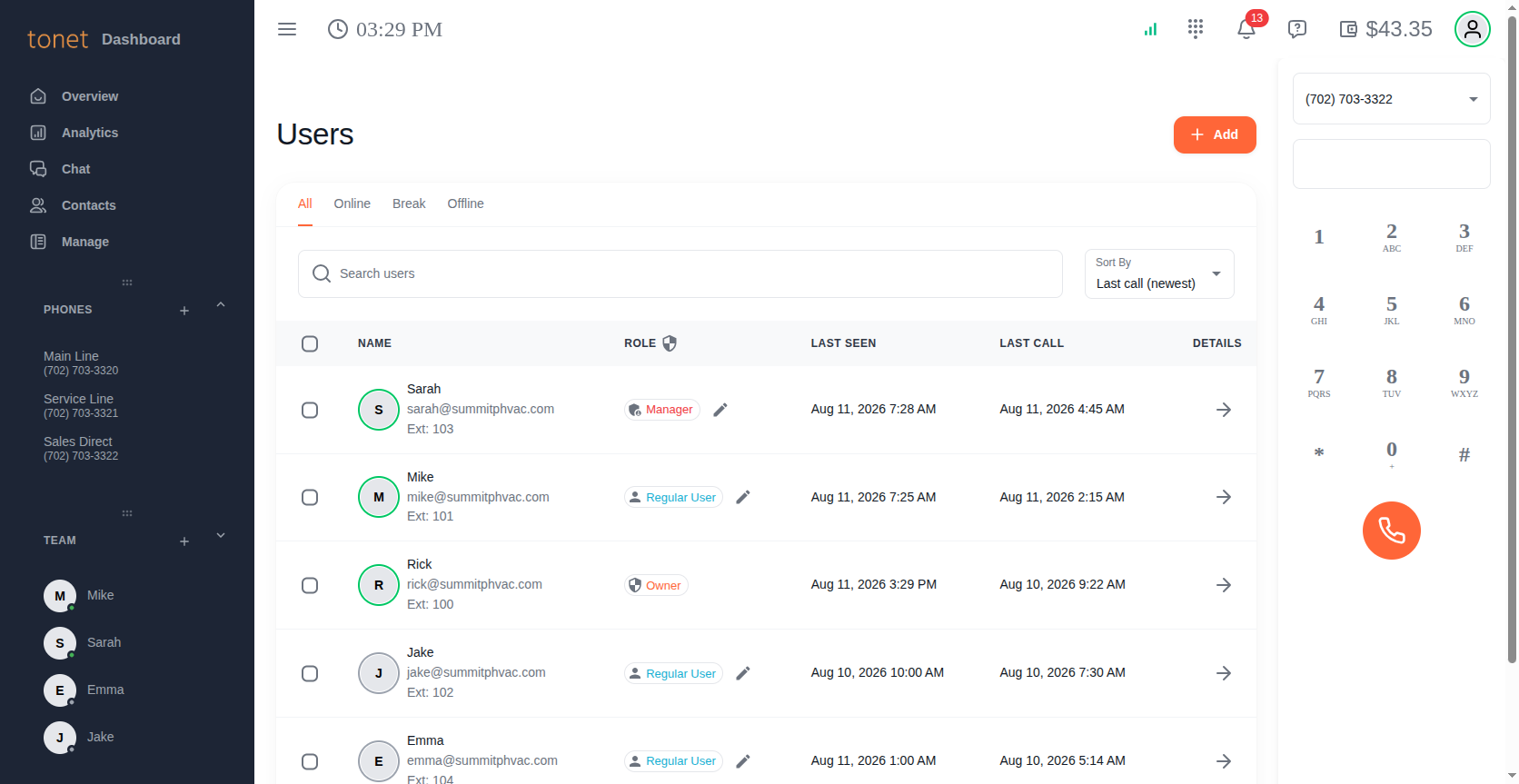 User list showing team members with status, role, and activity